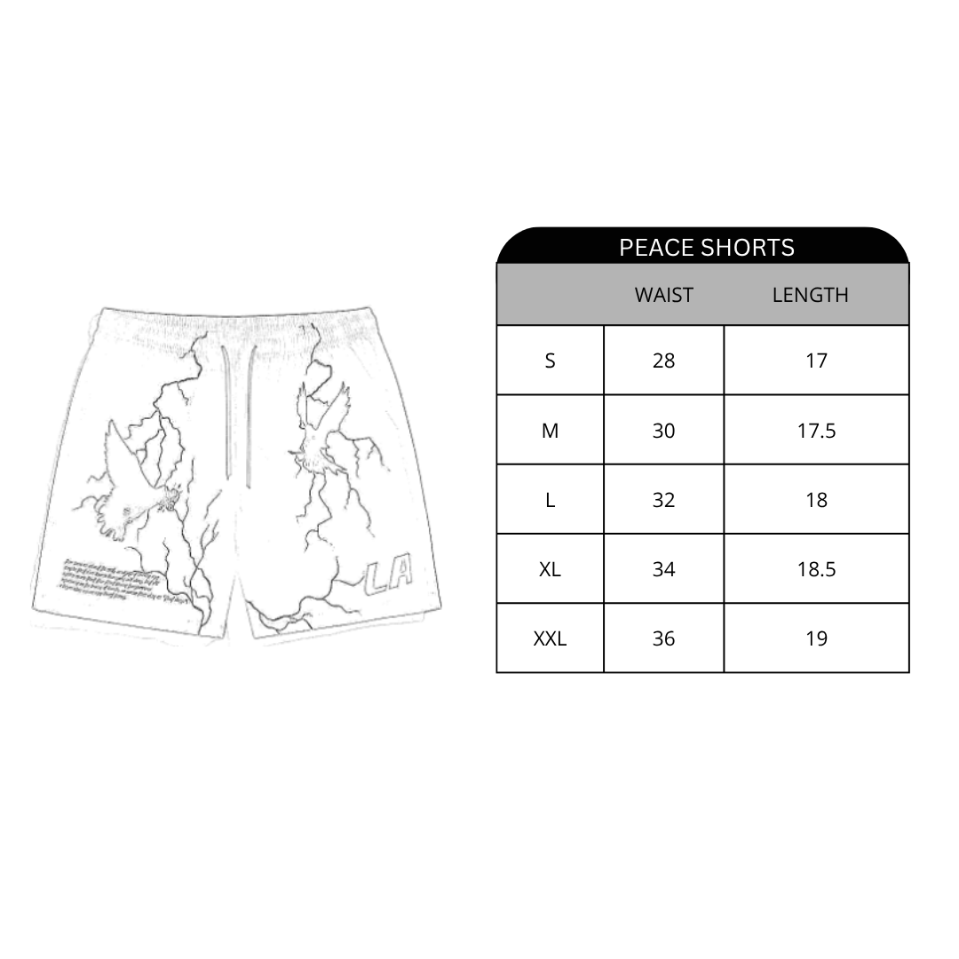 Measurement chart for Peace Shorts with size chart on a white background
