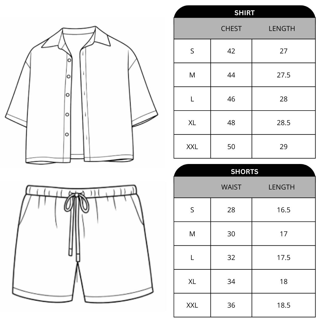 Size chart for Yate Textured Button Down Shirt And Shorts Set