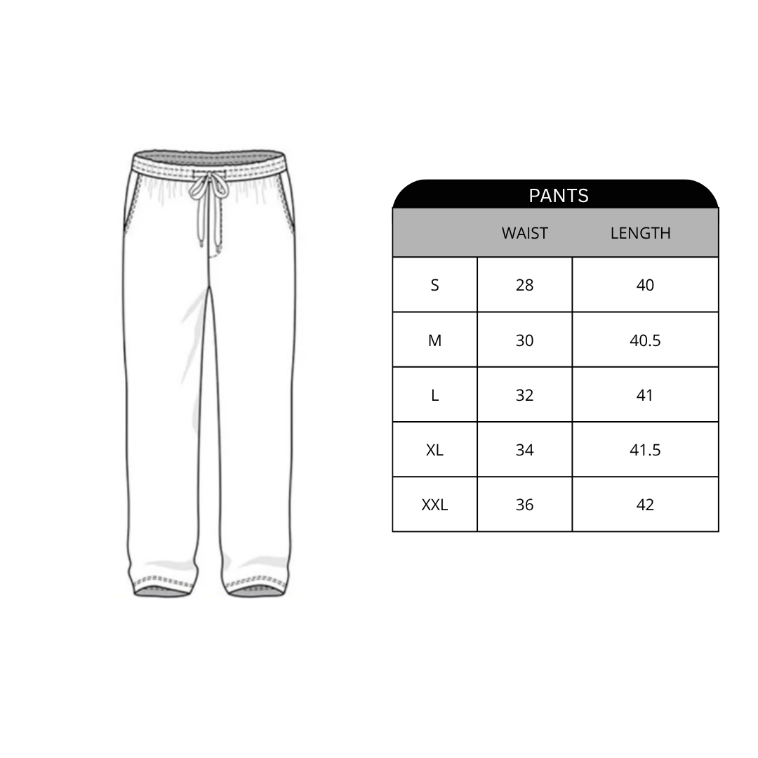 White pants with a size chart on a white background
