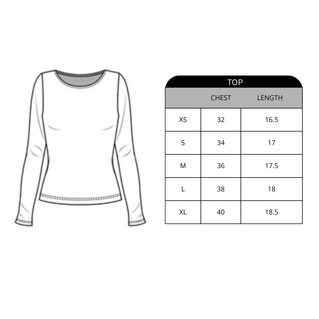 long-sleeve top with size chart on a white background