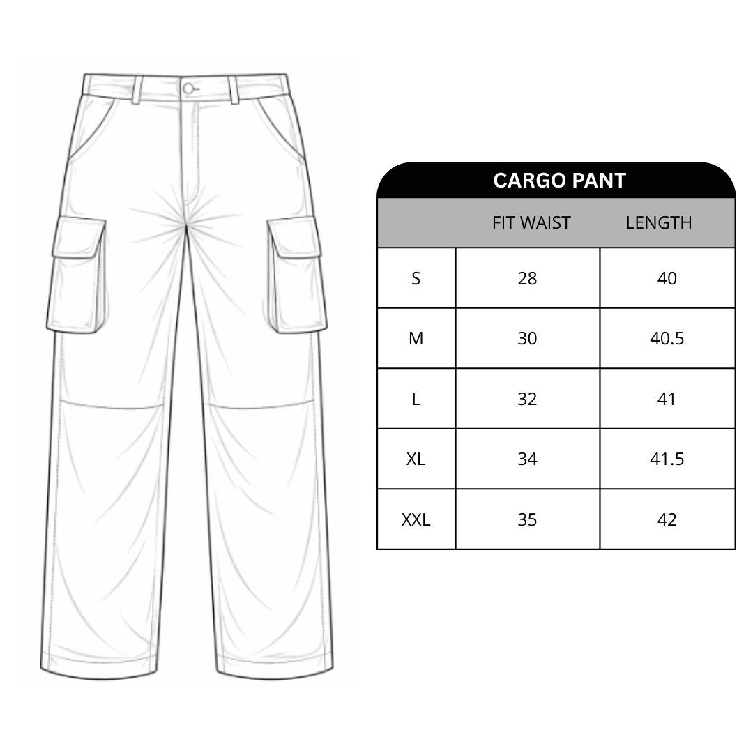 Outline of cargo pants with size chart on a white background