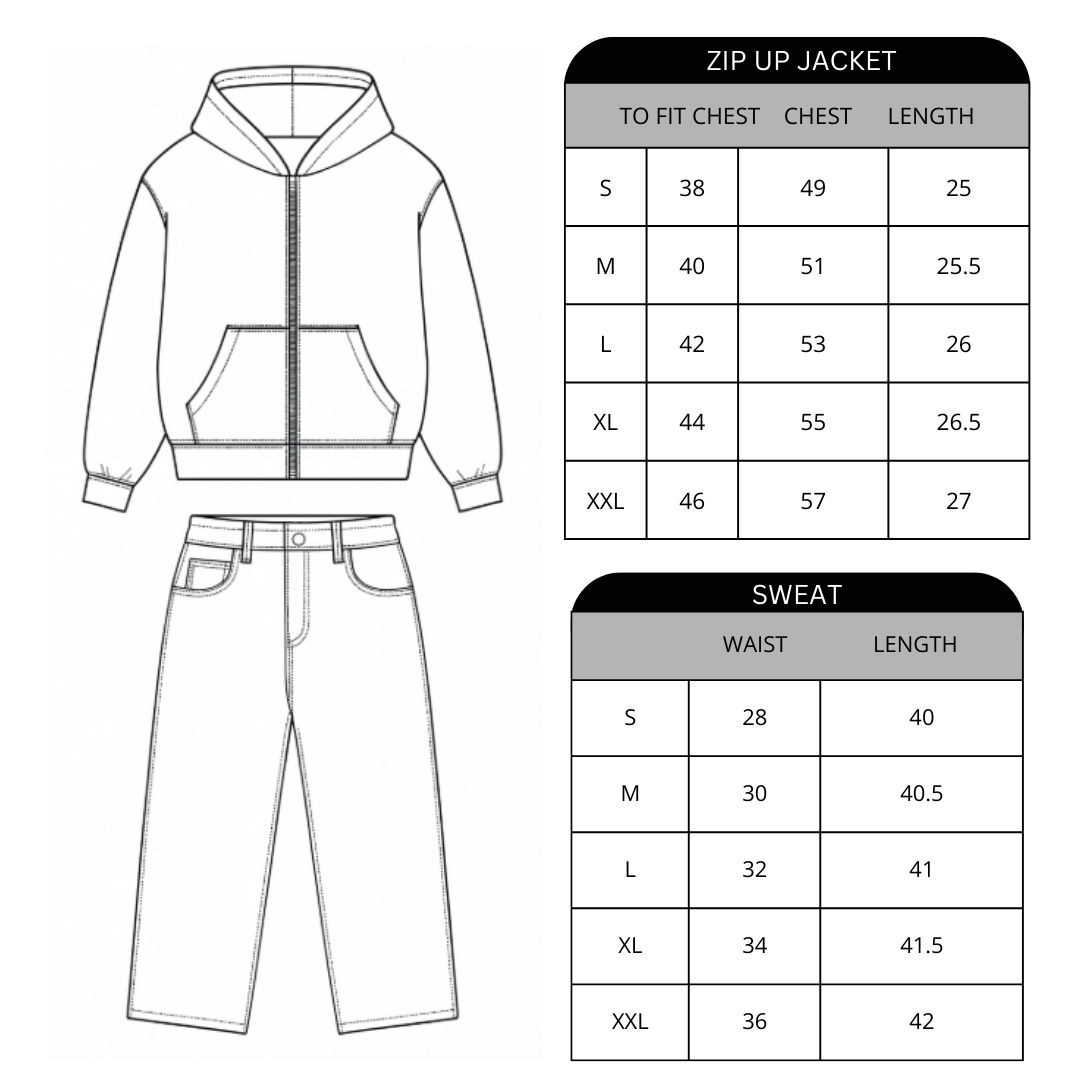 Outline of a zip-up jacket and pants with size charts on a white background