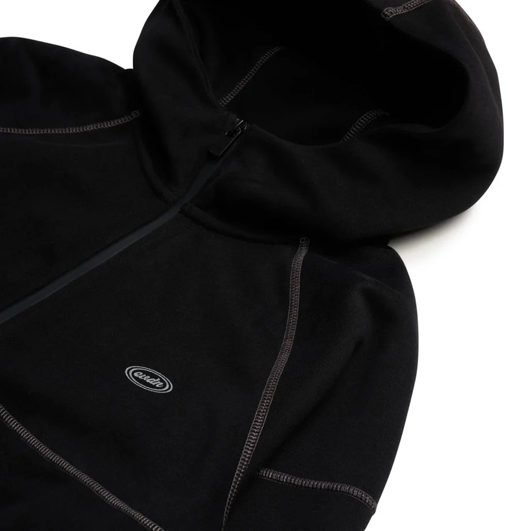 Black hoodie with brand logo on a white background