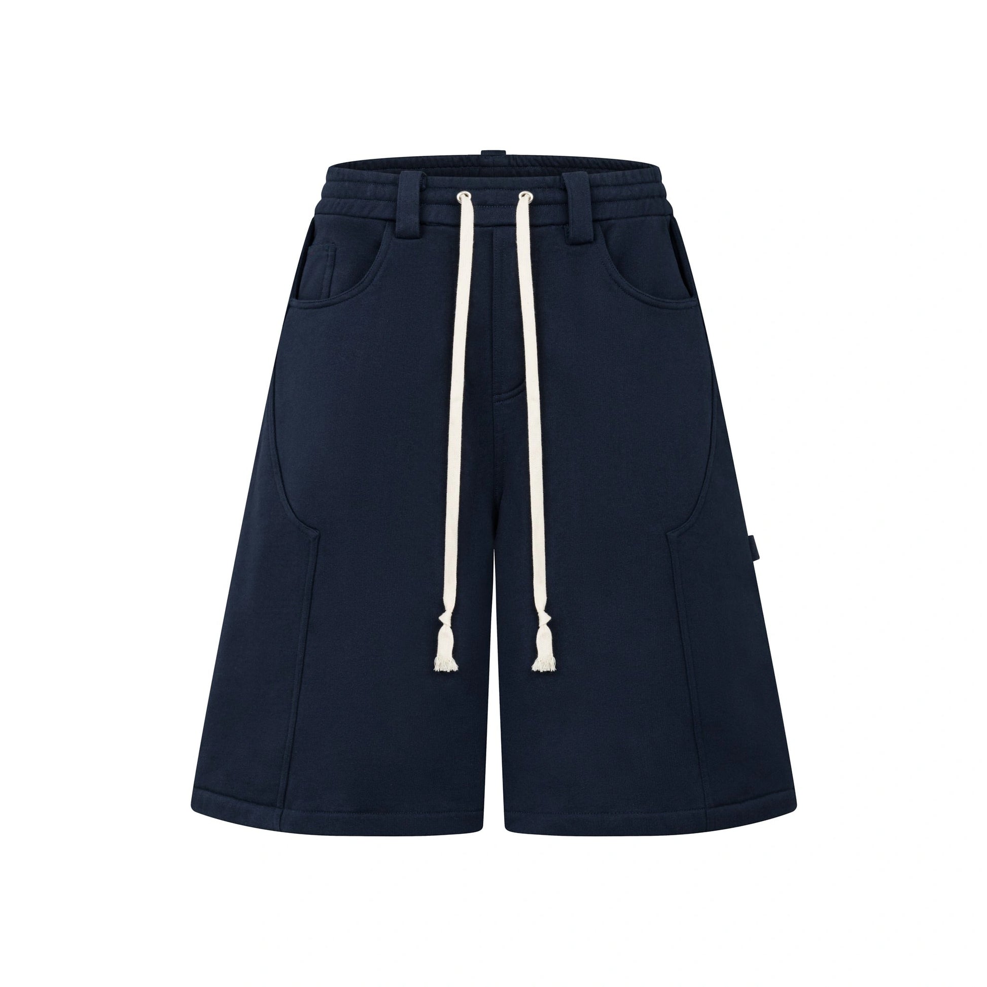 Oversized navy carpenter shorts with elastic drawstring waist and wide-leg fit