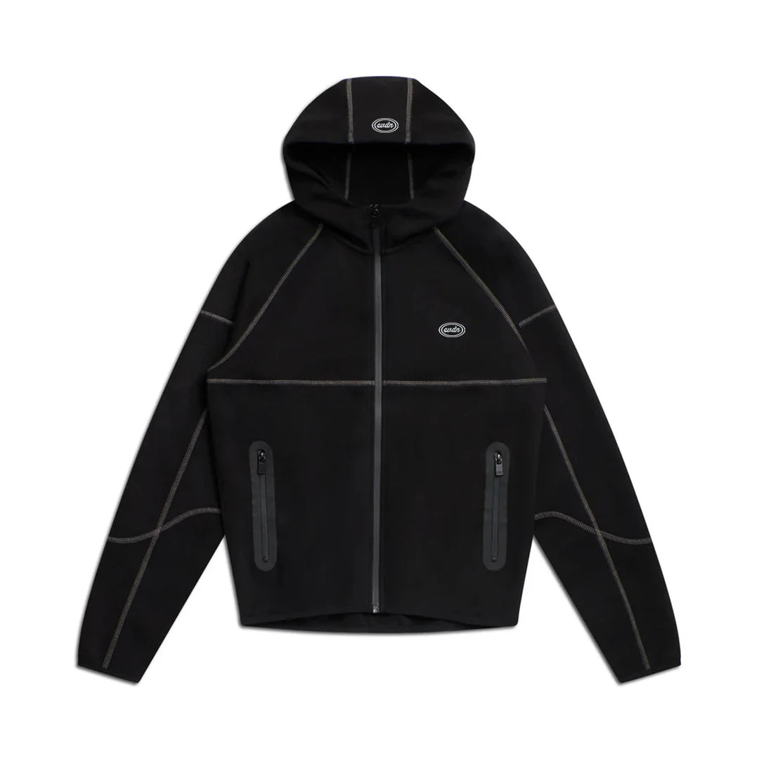 Black hooded jacket with geometric design on a white background