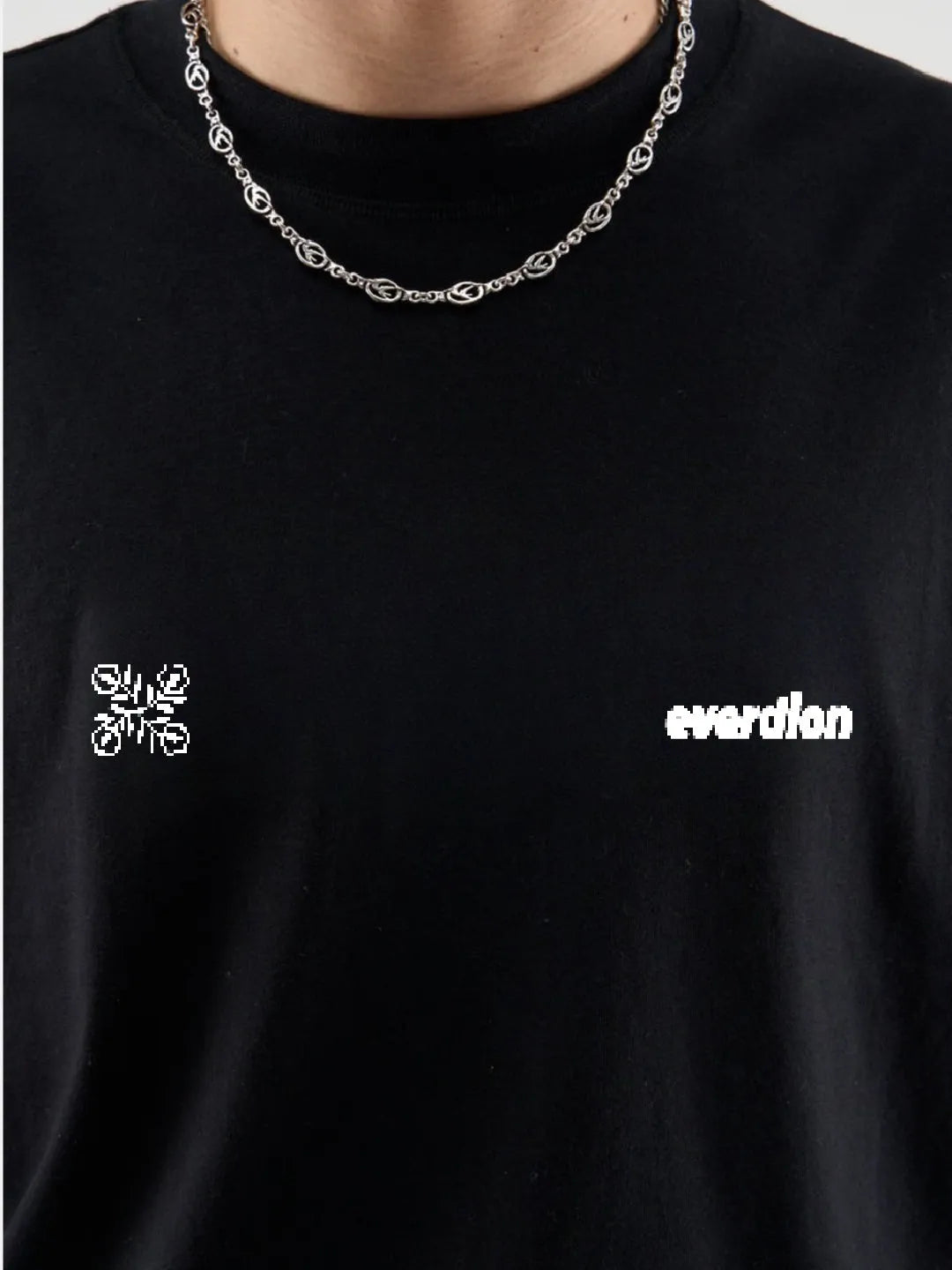 Black sweatshirt with white logo and text on a plain background