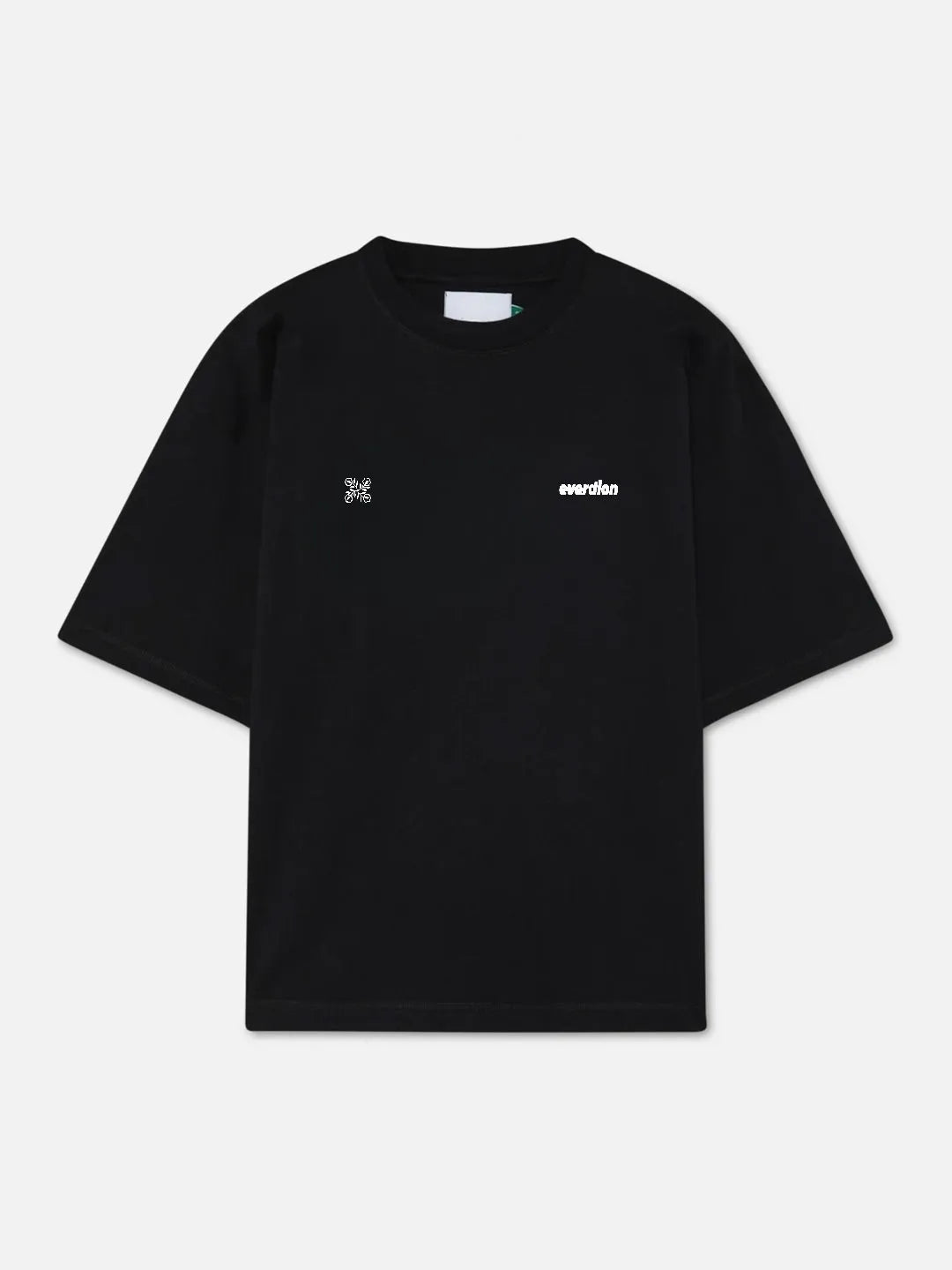 Black t-shirt with white logos on a light grey background