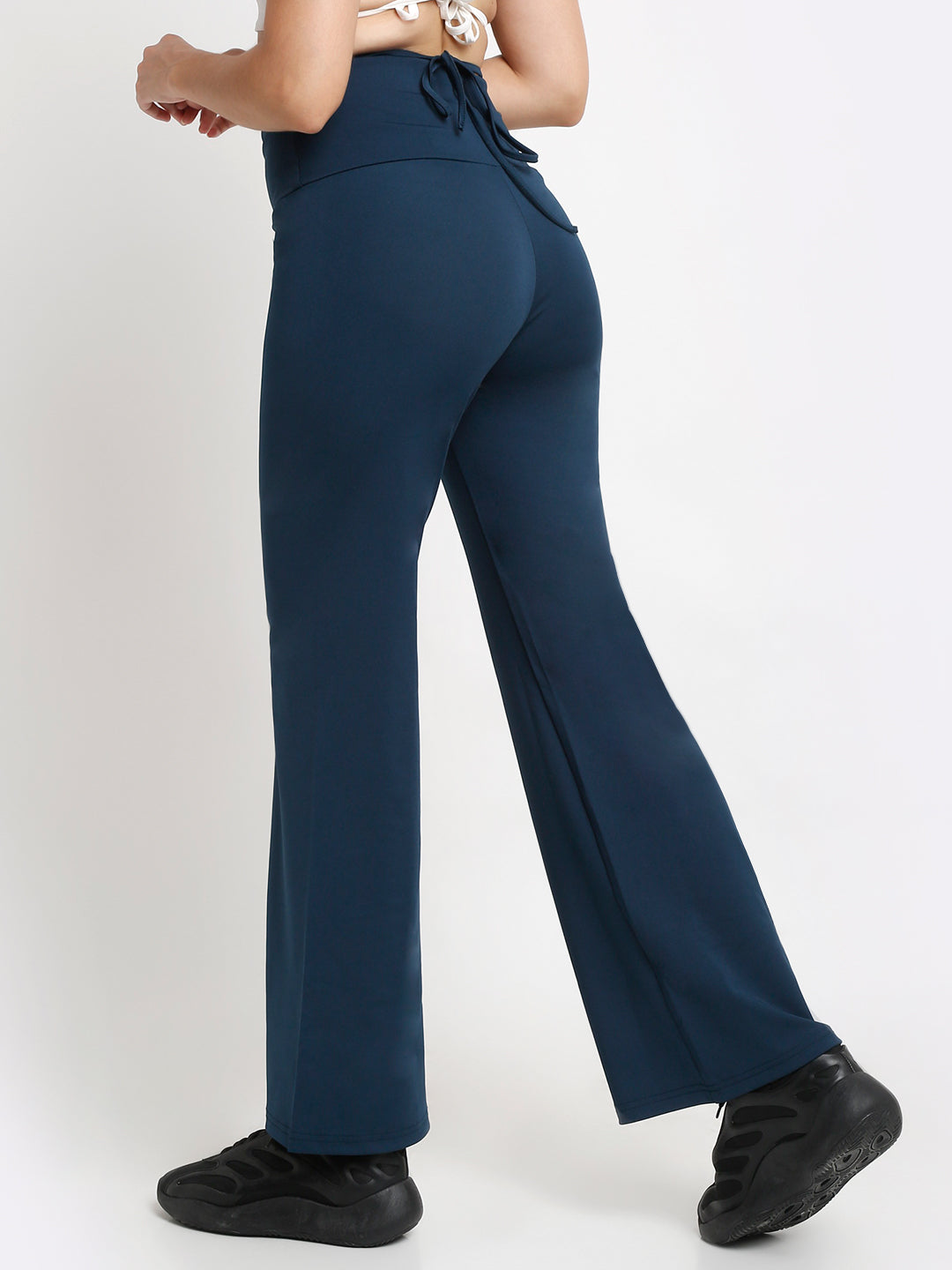 blue high waist tie up flared trousers