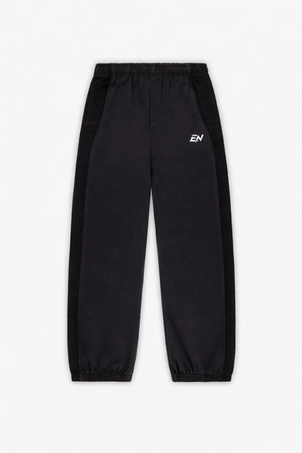 Black joggers with a logo on a white background