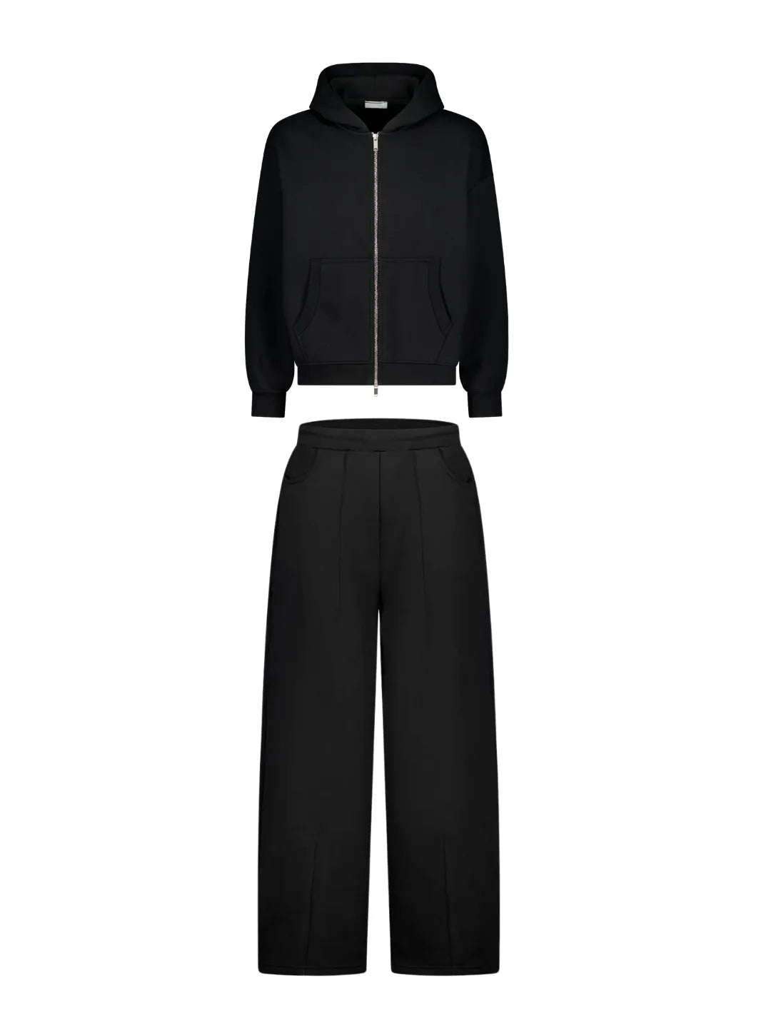 Black jacket and black sweats on a white background