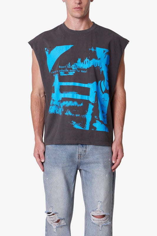 Person wearing a sleeveless black t-shirt with blue graphic design and light blue jeans.