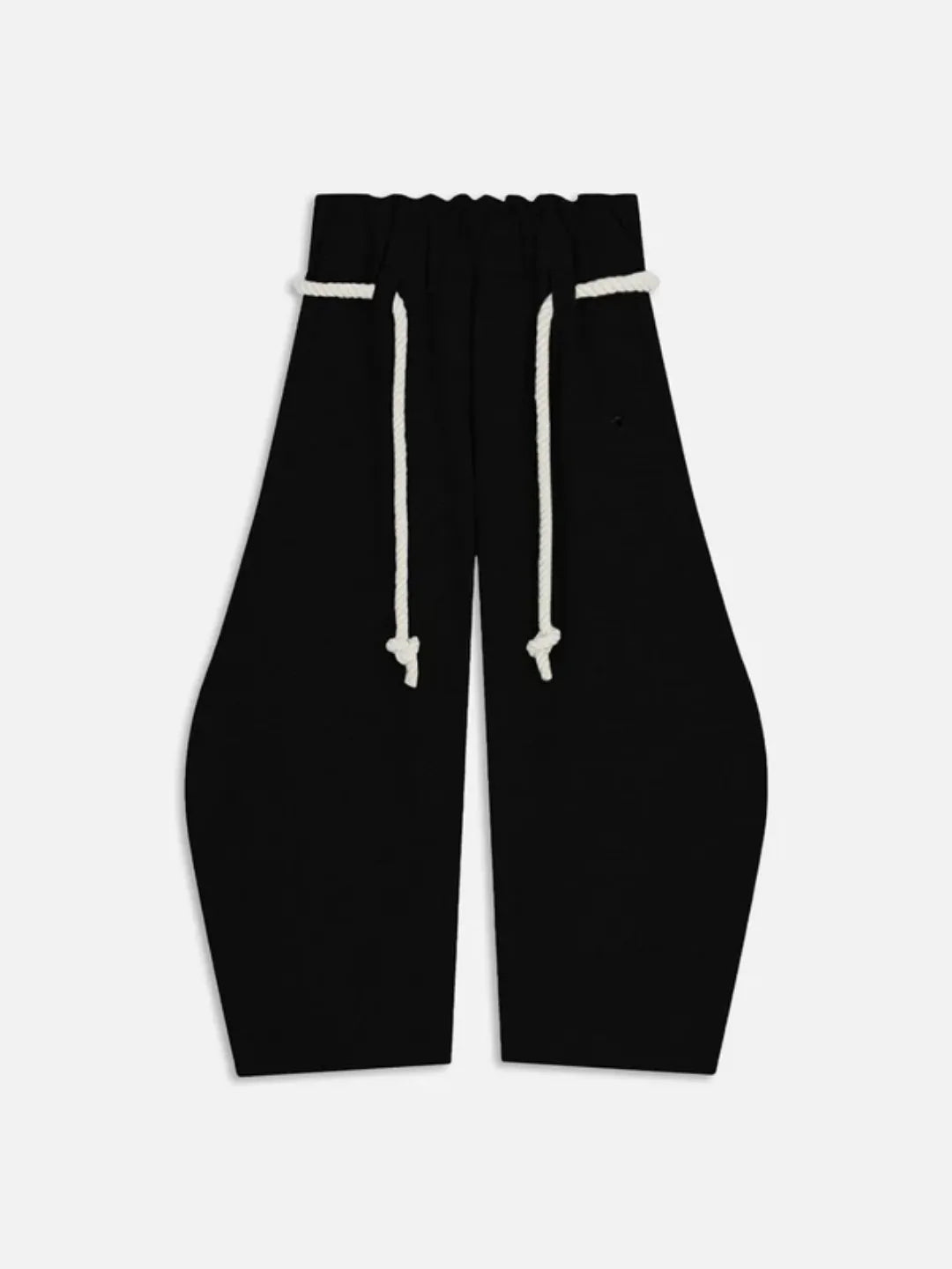 Black high-waisted sweatpants with drawstrings on a white background