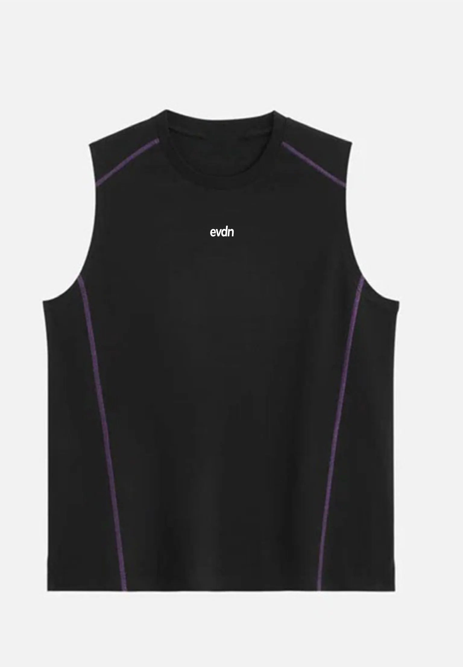 Black sleeveless athletic top with purple accents on a white background