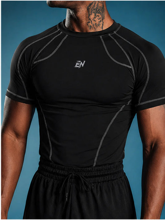 Black athletic t-shirt with brand logo on a blue background