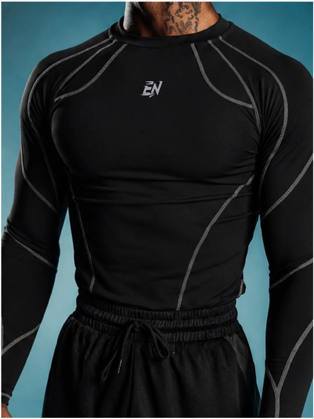 Black athletic Compression Full Sleeve T-shirt with brand logo on a blue background