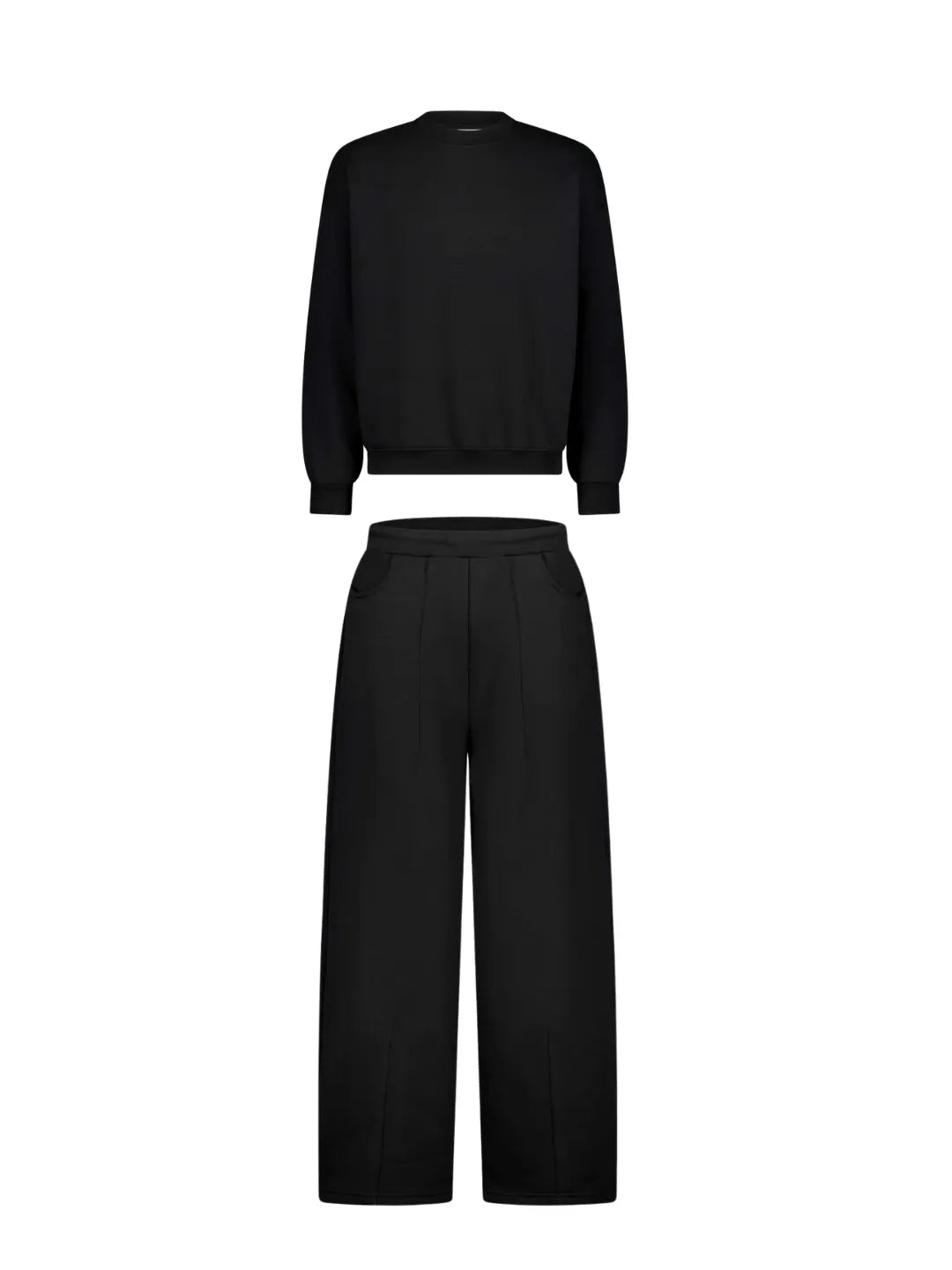 Black sweatshirt and black sweatpants on a white background
