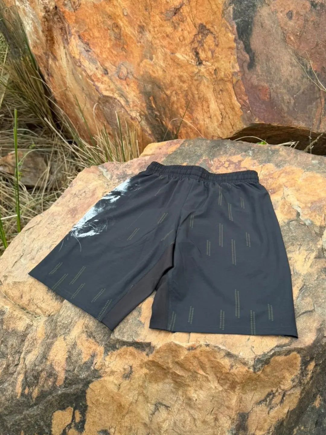 Black shorts with white design on a rock surface