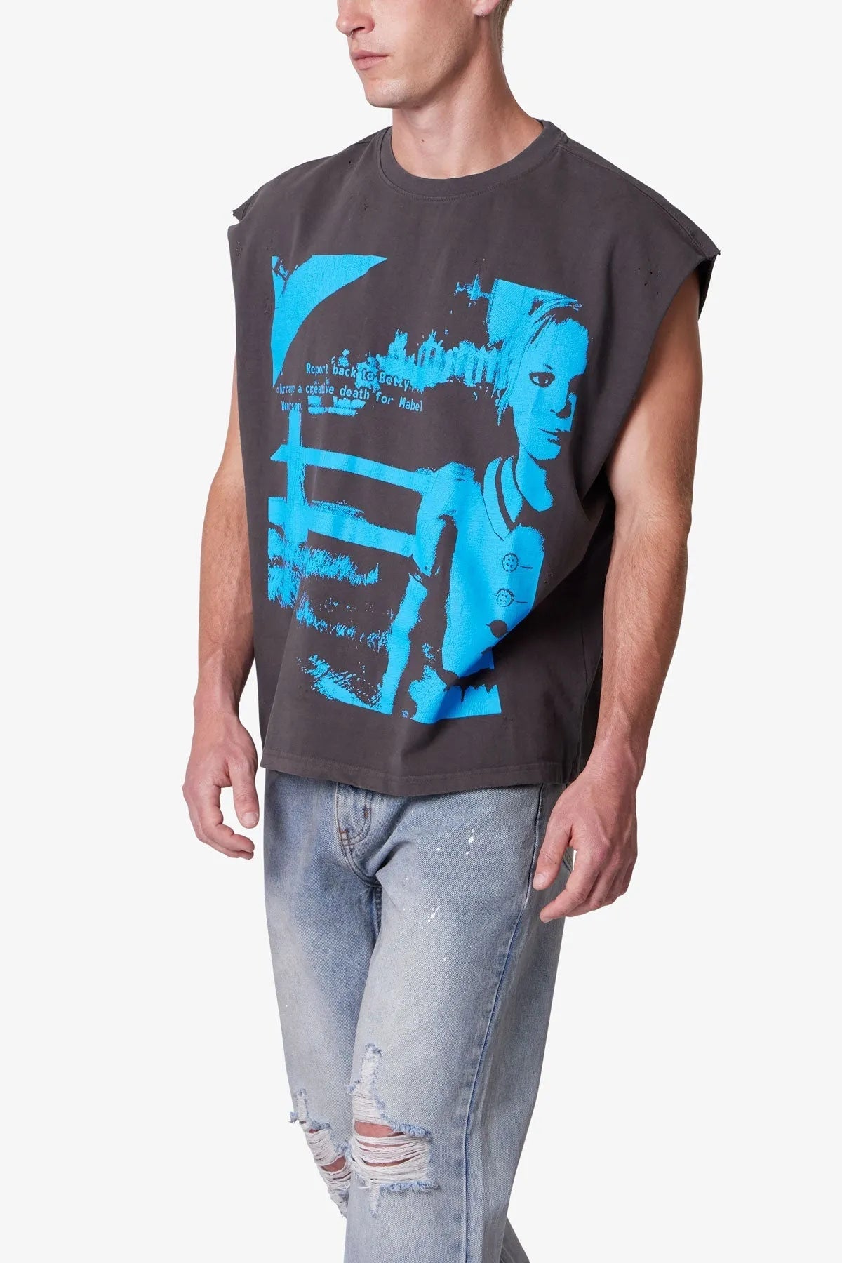 Person wearing a sleeveless black t-shirt with blue graphic design on a white background