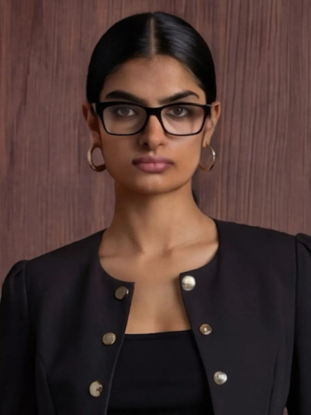 Woman wearing black jacket with silver buttons against a wooden background
