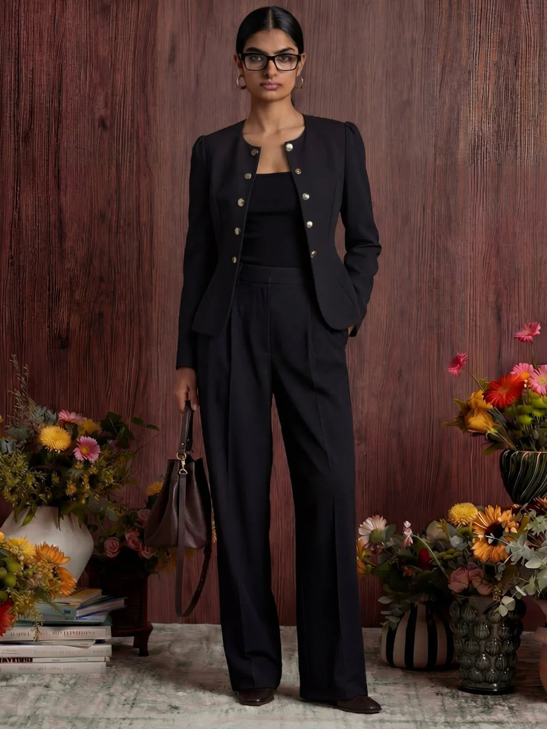 Woman in a black suit standing in front of a wooden wall with floral decorations.