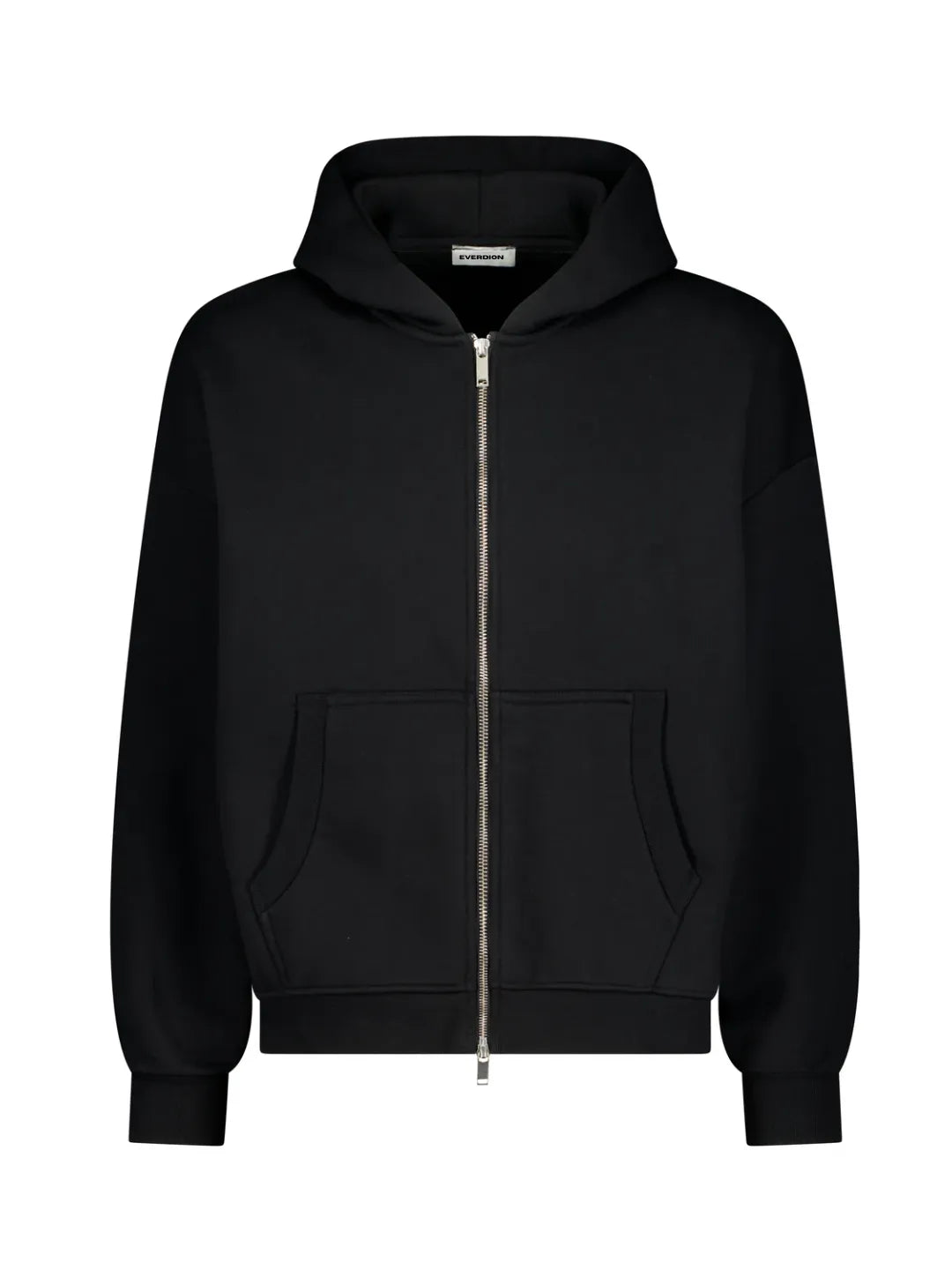 Black zip-up jacket on a light grey background