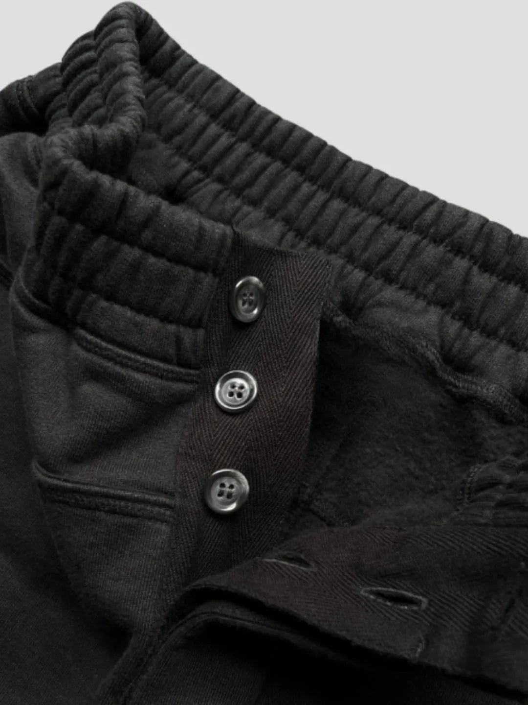 Person wearing button up black sweatpants 