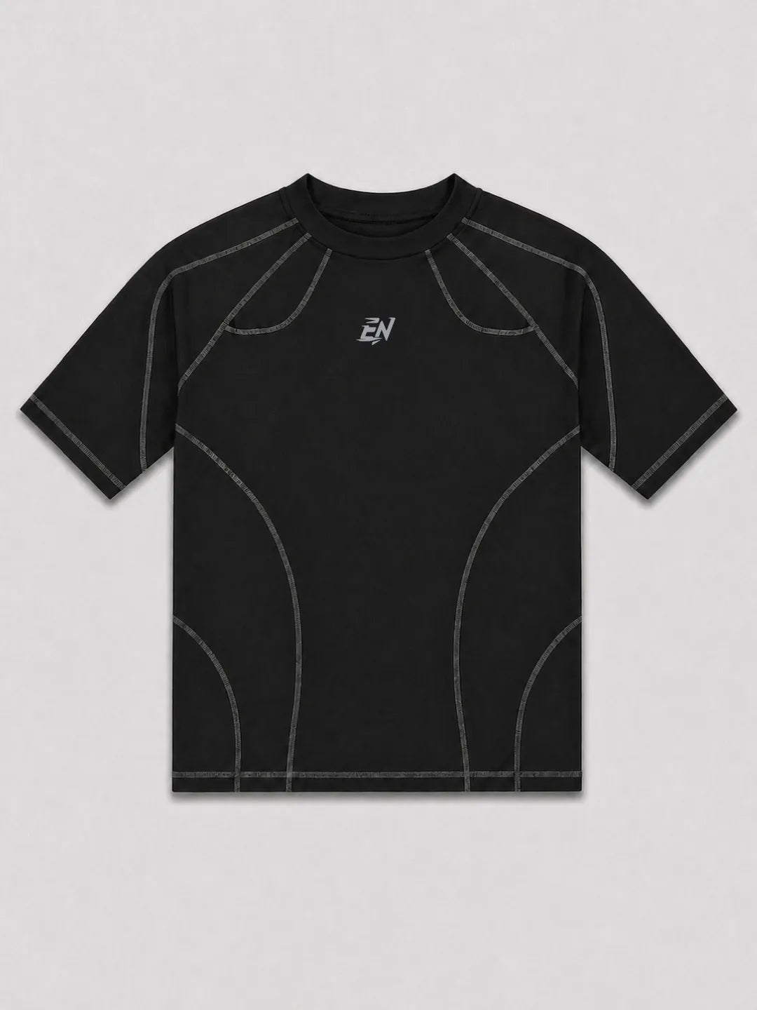 Black compression t-shirt with a logo on a light grey background