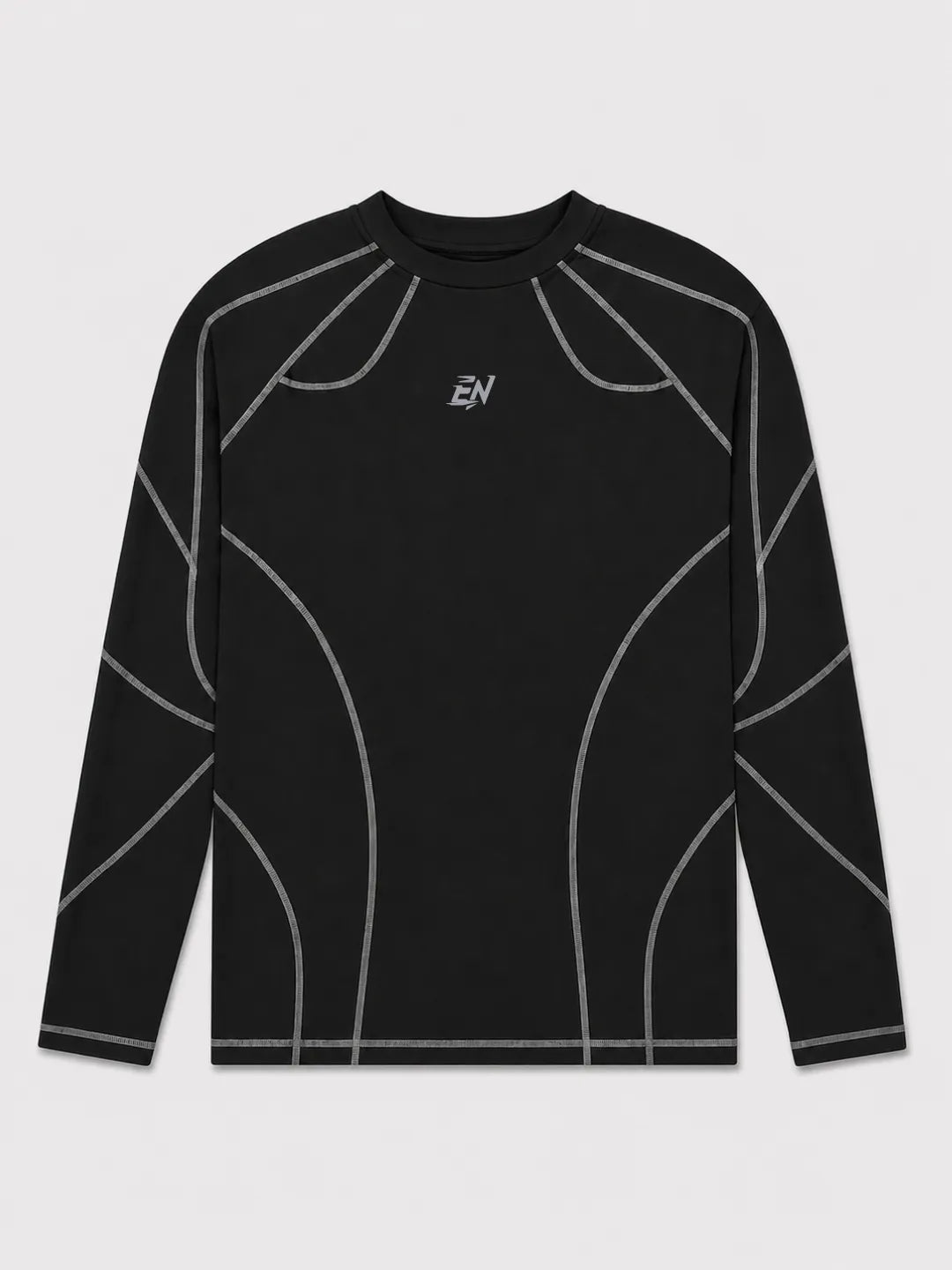 Black Compression Full Sleeve T-shirt with a logo on a light gray background