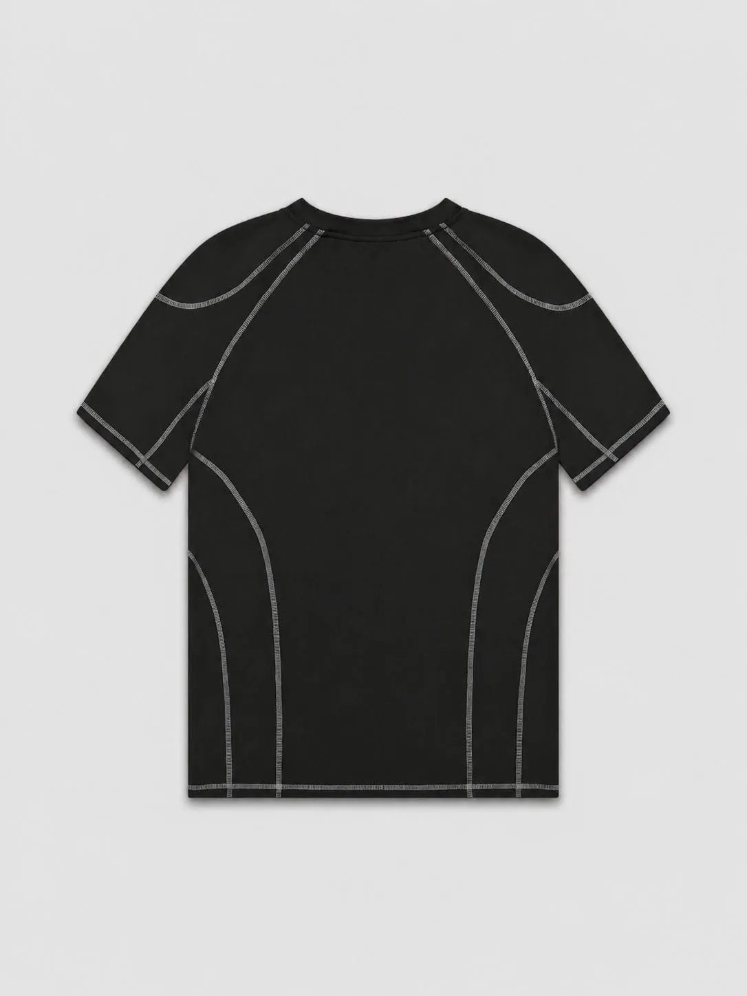 Black t-shirt with white geometric patterns on a light grey background