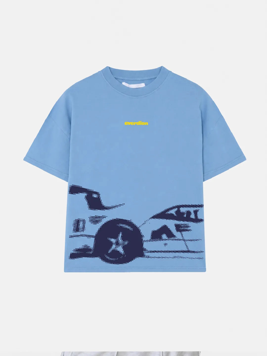 Blue Oversized T-Shirt with car graphic and yellow text on a white background