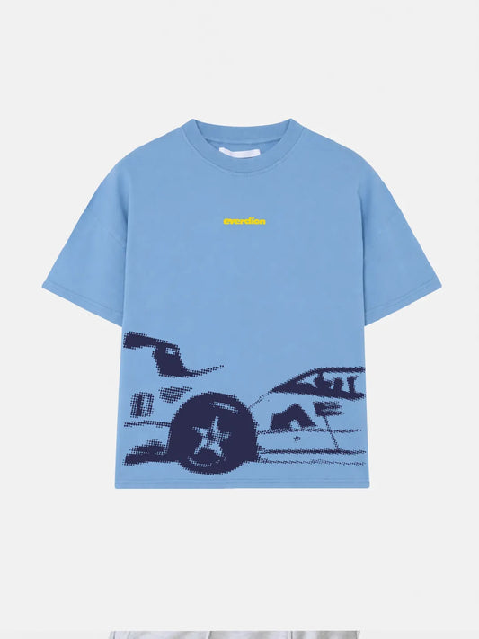 Blue Oversized T-Shirt with car graphic and yellow text on a white background
