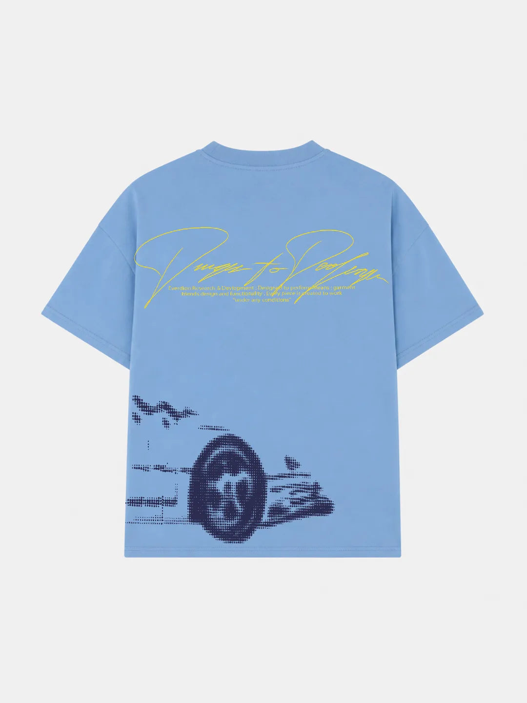 Light blue t-shirt with graphic design and text on a white background