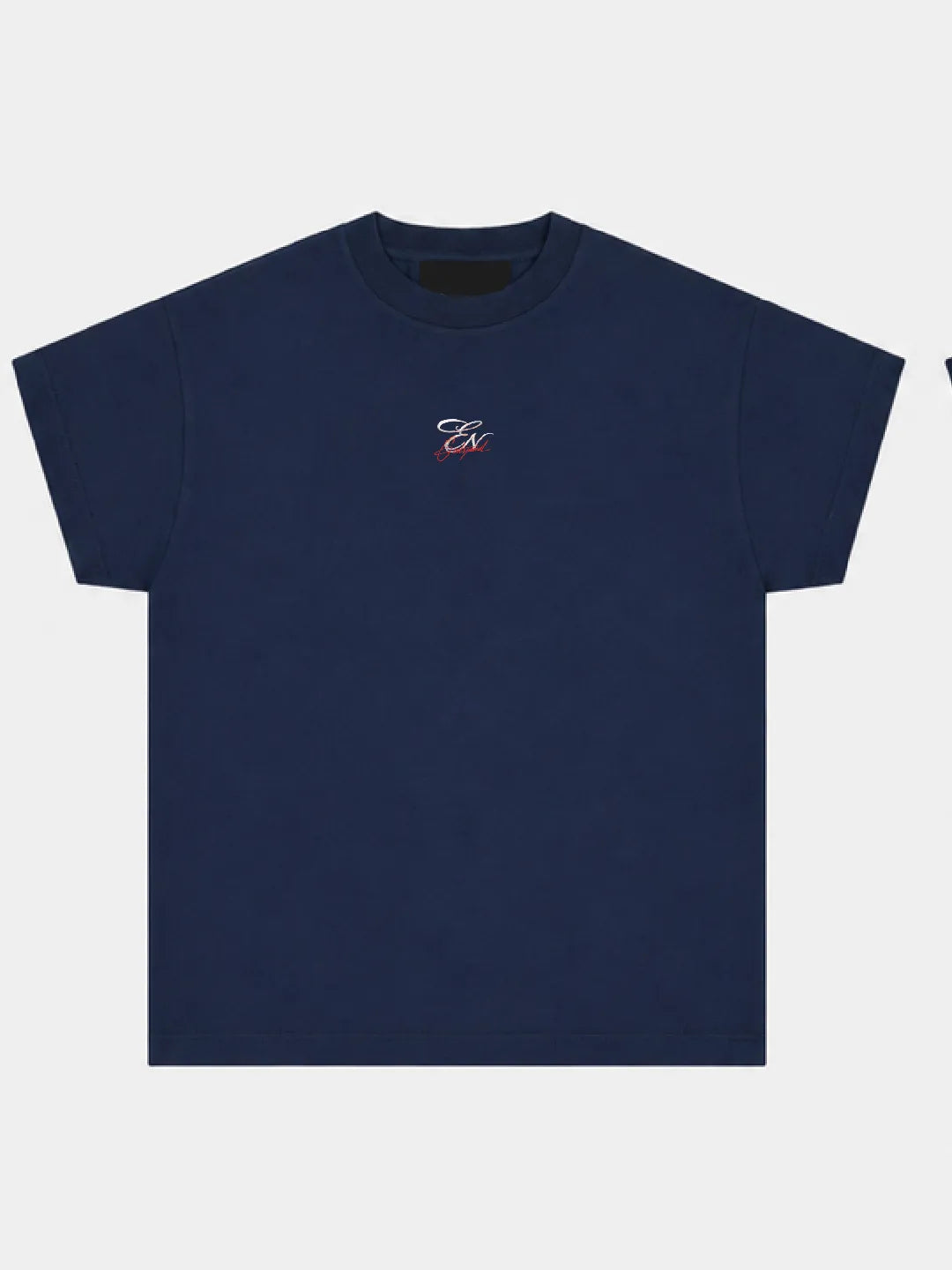 Navy blue oversized t-shirt with a small logo on a white background