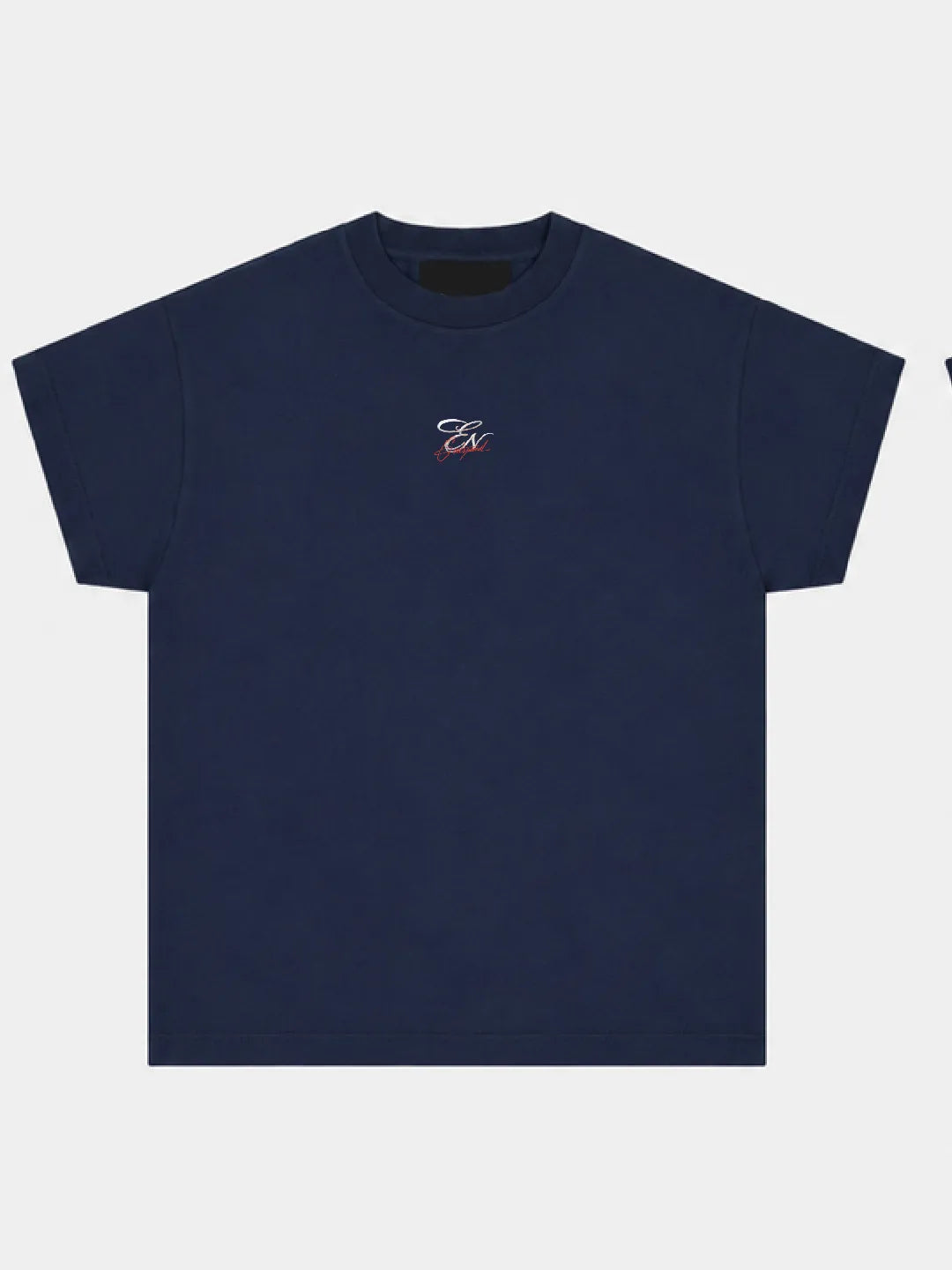 Navy blue oversized t-shirt with a small logo on a white background