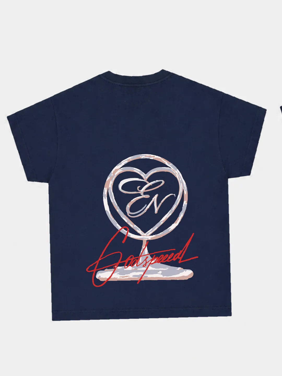 Navy blue oversized t-shirt with a heart-shaped logo and red text on a white background