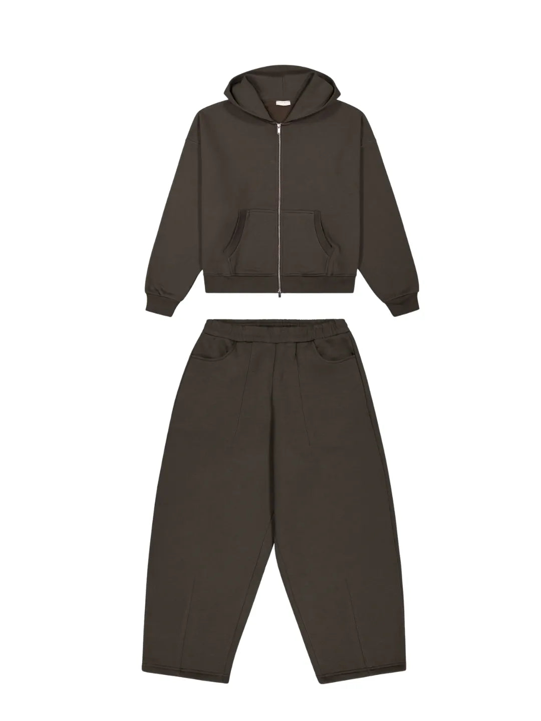 Dark brown jacket and sweats on a white background