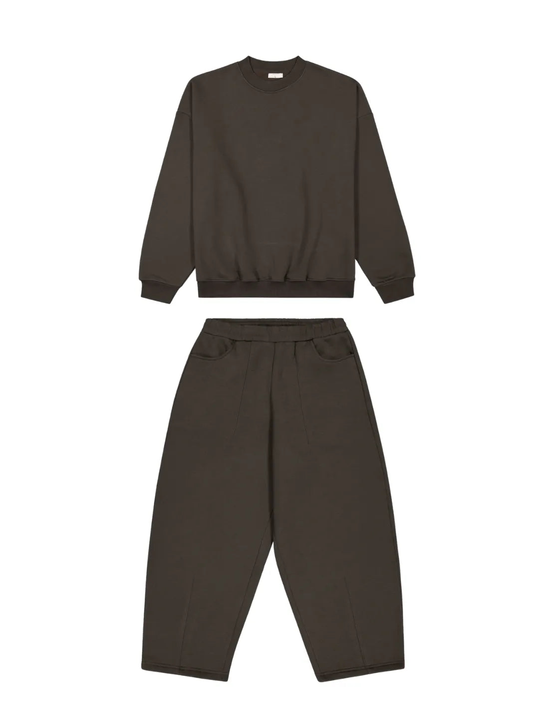 Dark brown sweatshirt and sweatpants set on a white background