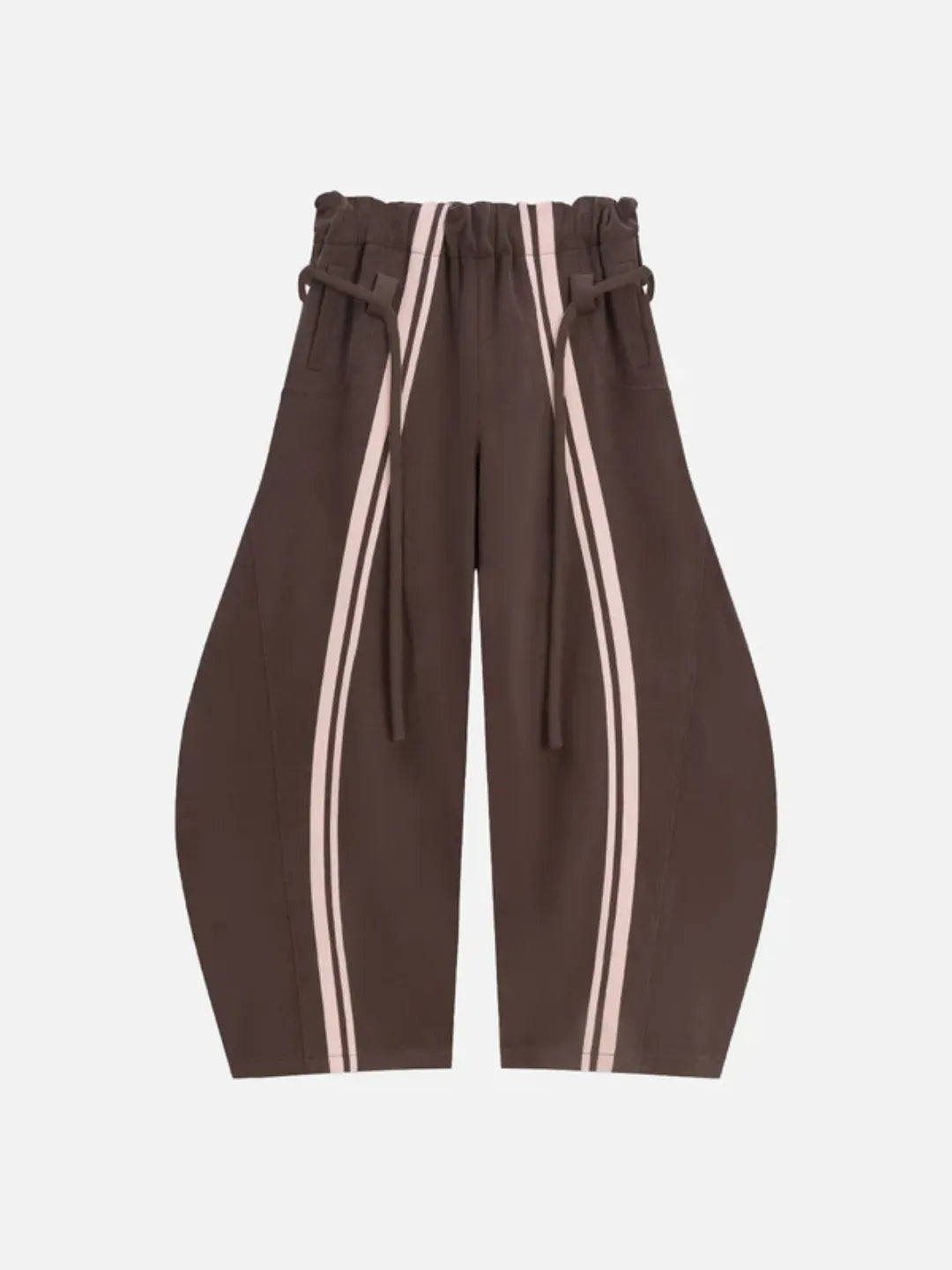 Brown sweatpants with white stripes on a light grey background