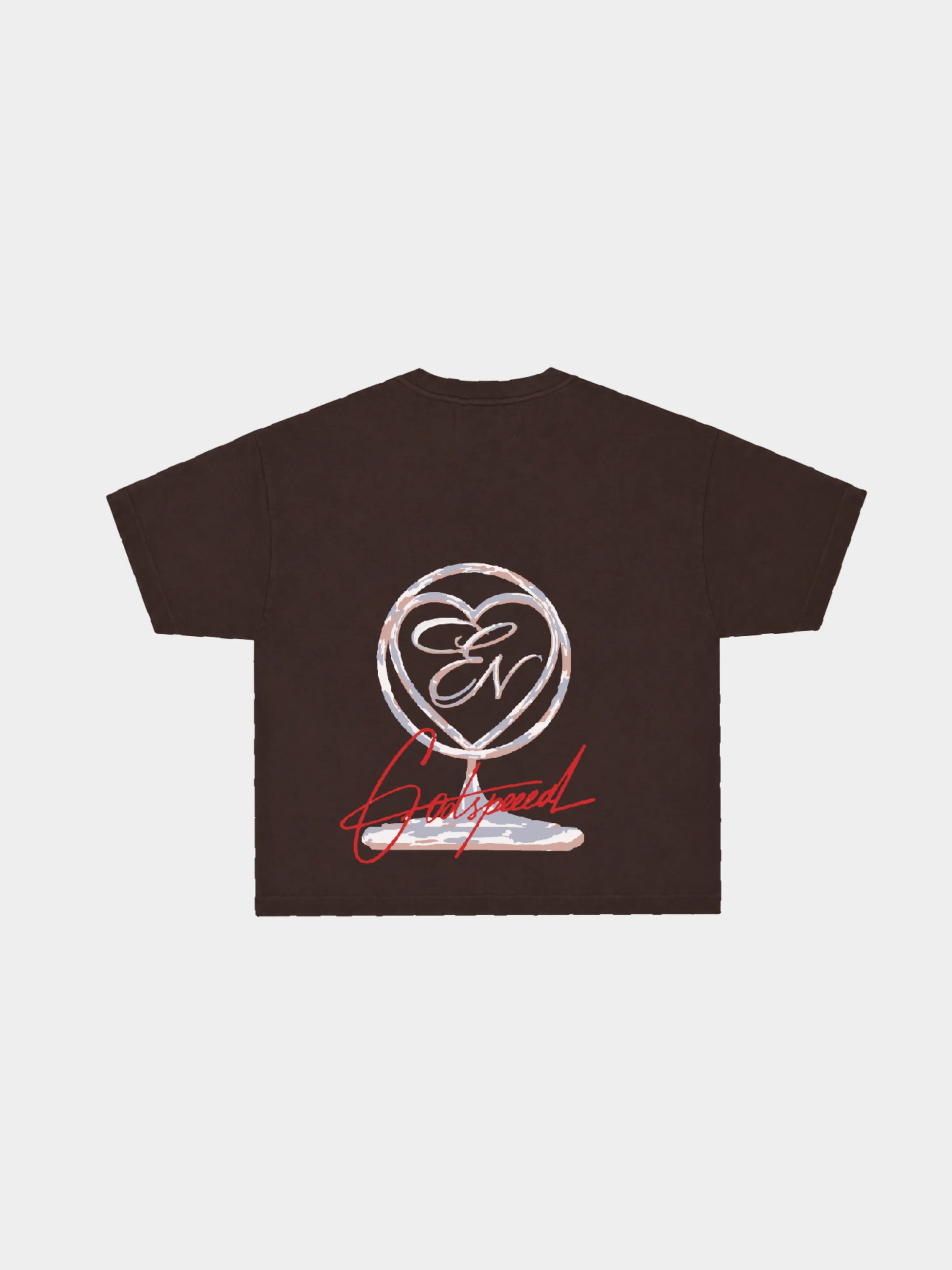 Brown oversized t-shirt with a logo and text on the back against a light grey background