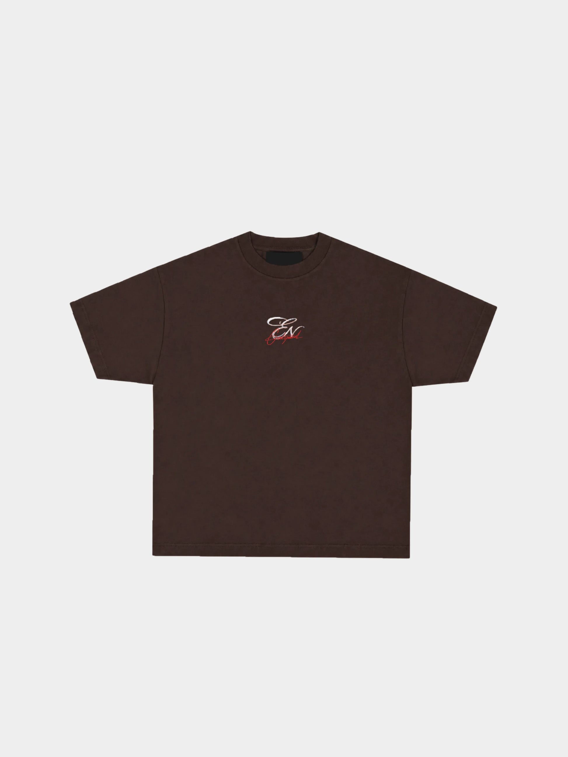 Brown oversized t-shirt with a logo on a light gray background