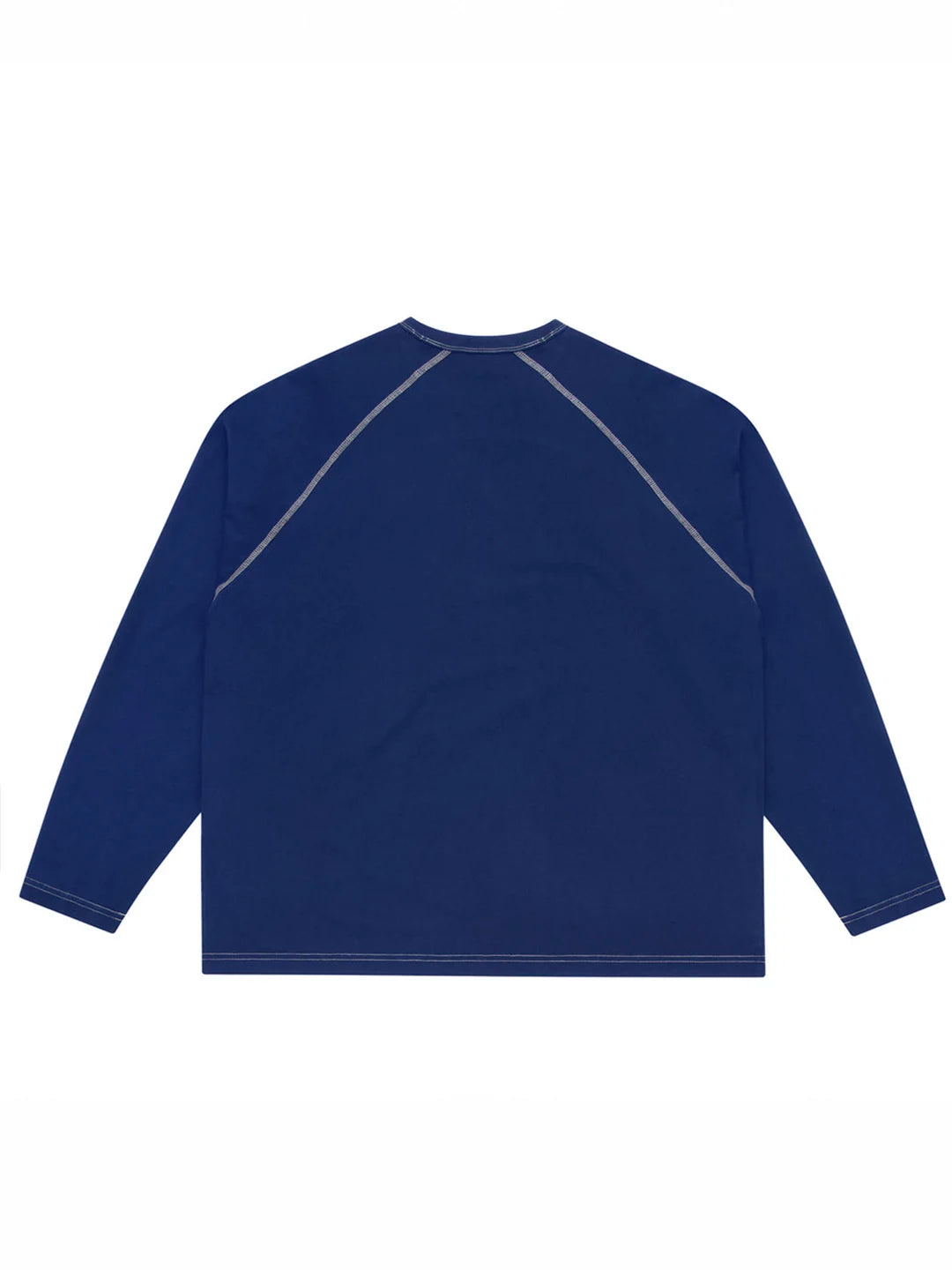 A navy blue long-sleeve raglan t-shirt with contrasting light grey stitching on the shoulders and cuffs