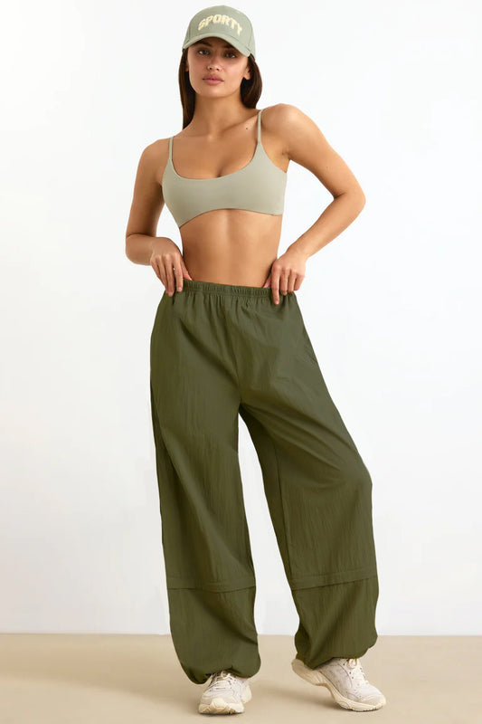 Olive Pleated Parachute Pants