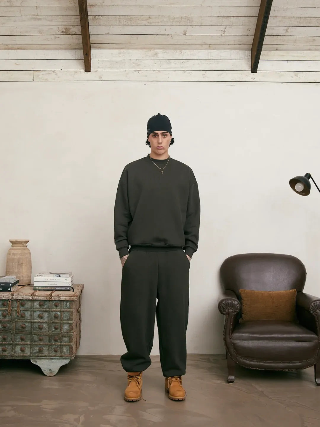 Person wearing a coffee color outfit 