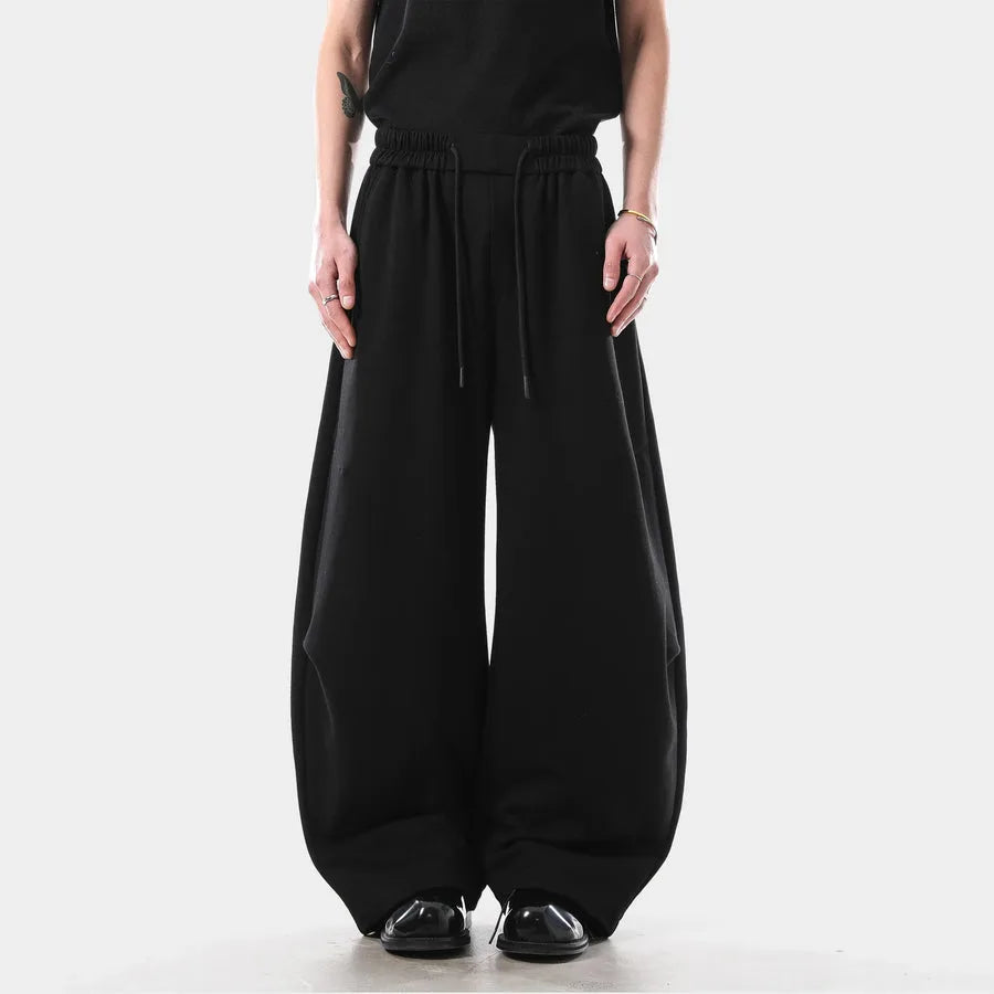 Person wearing black wide-leg pants on a white background