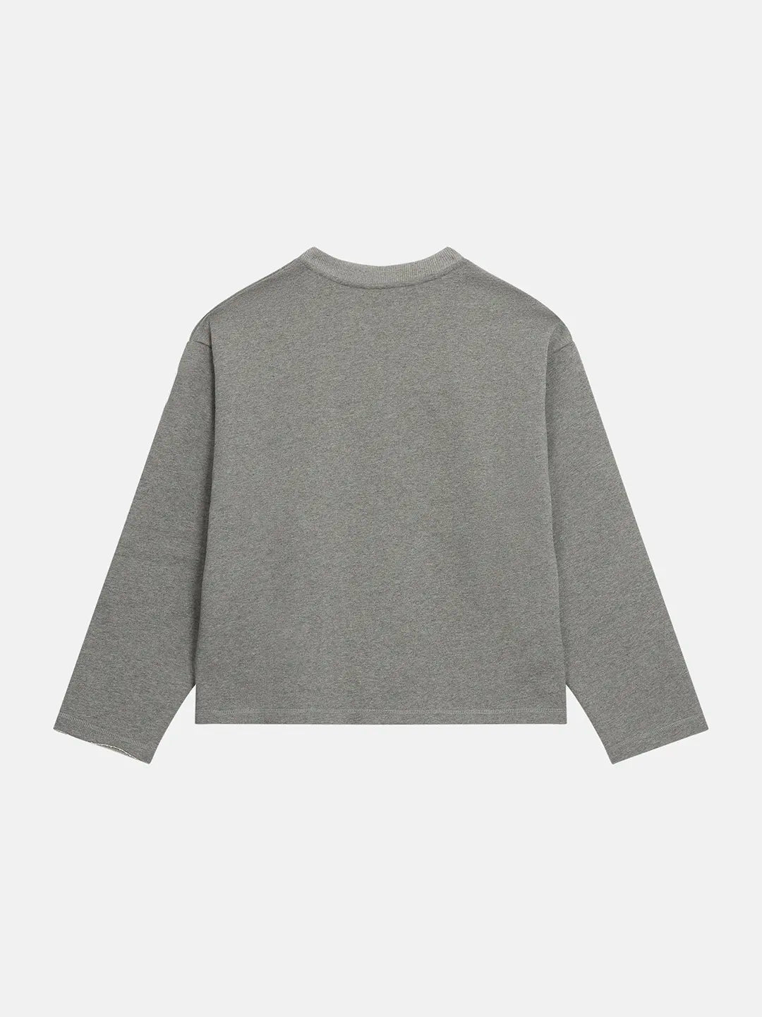 A grey long-sleeve crewneck t-shirt laid flat against a light grey background.
