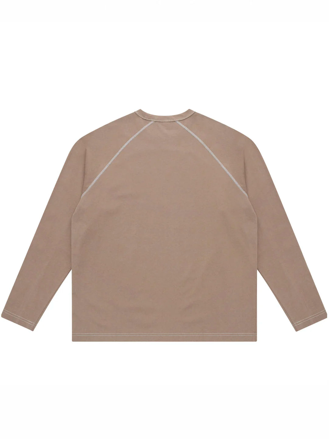A long-sleeve crewneck shirt in a muted taupe-brown color, featuring contrasting light grey raglan shoulder seams