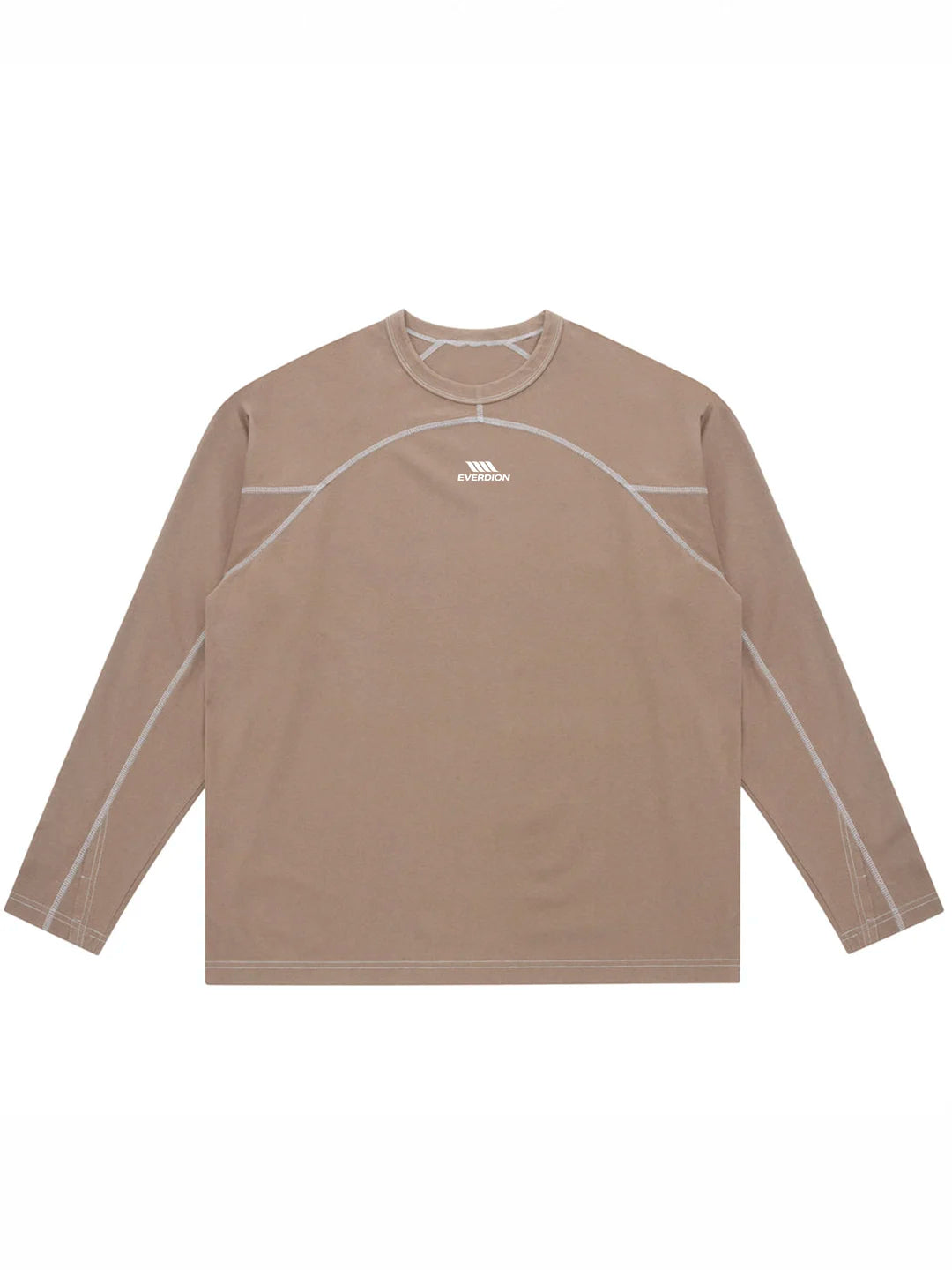 A long-sleeve athletic shirt in a warm taupe-brown color, featuring light grey contrast stitching and a small white logo on the chest