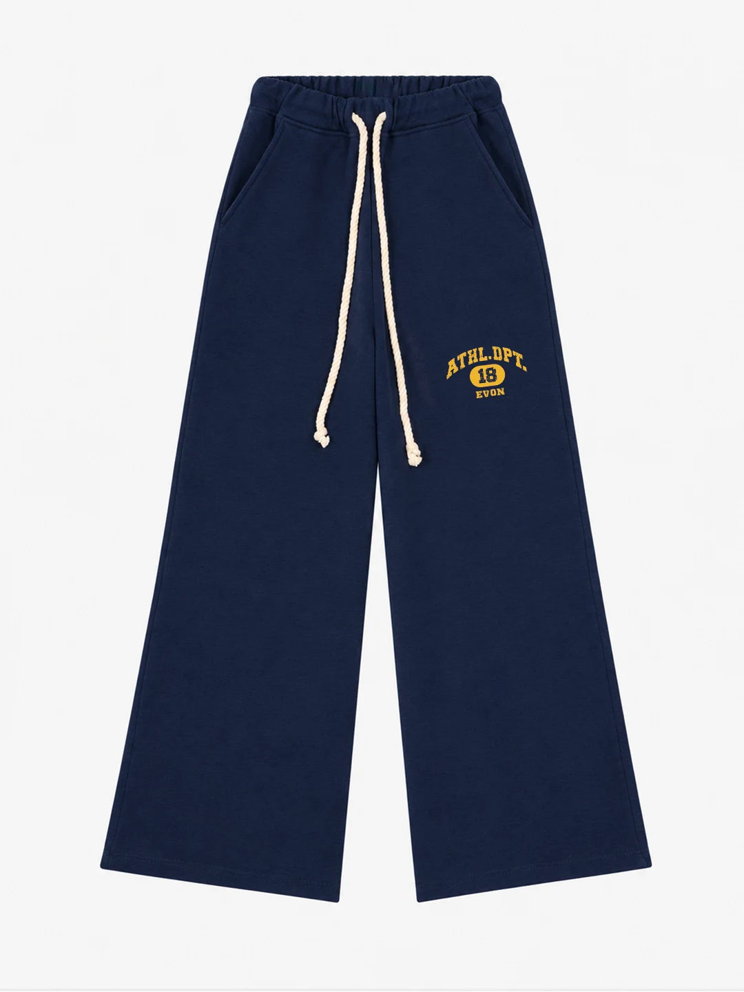 Navy pants with white heart pattern on a white background