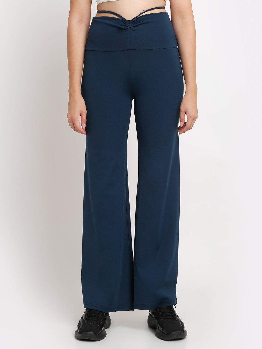 blue high waist tie up flared trousers