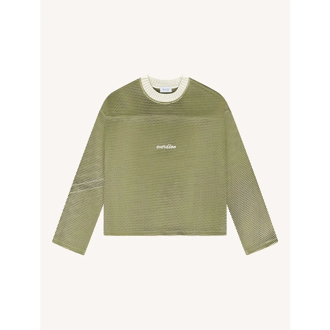 Green textured long-sleeve shirt with a brand logo on a white background